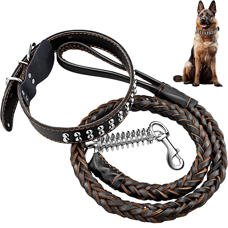 Cowhide collar+leash strong Real big dog collar High Leather Braided Dog with Buffer Spring Pet Traction Rope for Shepherd Dog