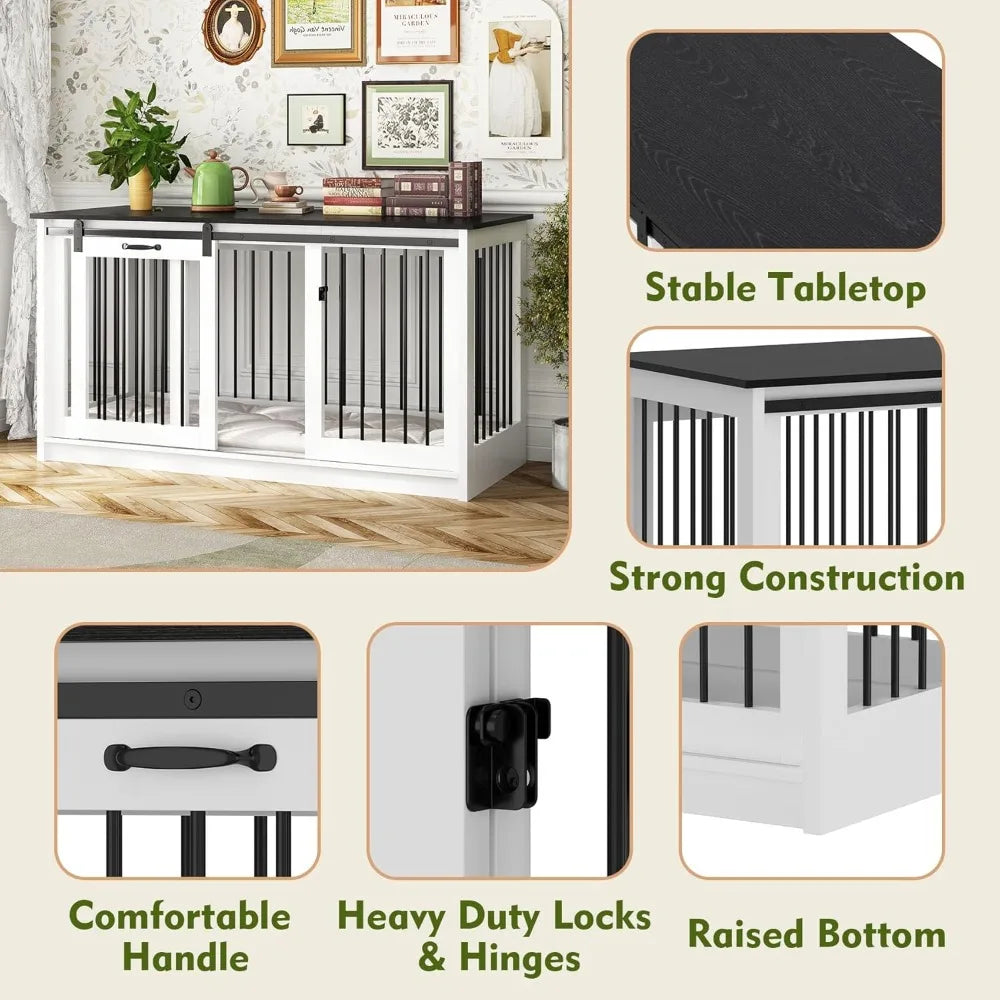 Extra Large Dog Crate Furniture, 55" Indoor Heavy Duty Dog Kennel House with Sliding Doors, Furniture Style Dog Crate Table Side