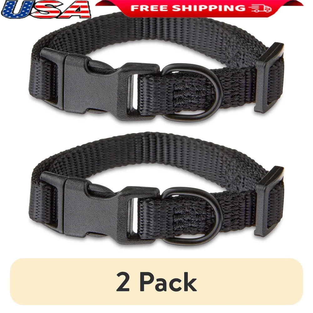 2 Pack Adjustable Polyester Dog Collar X-Small Black Comfortable Leash Attachment D-Ring Secure Prong Buckle Fashionable Fit