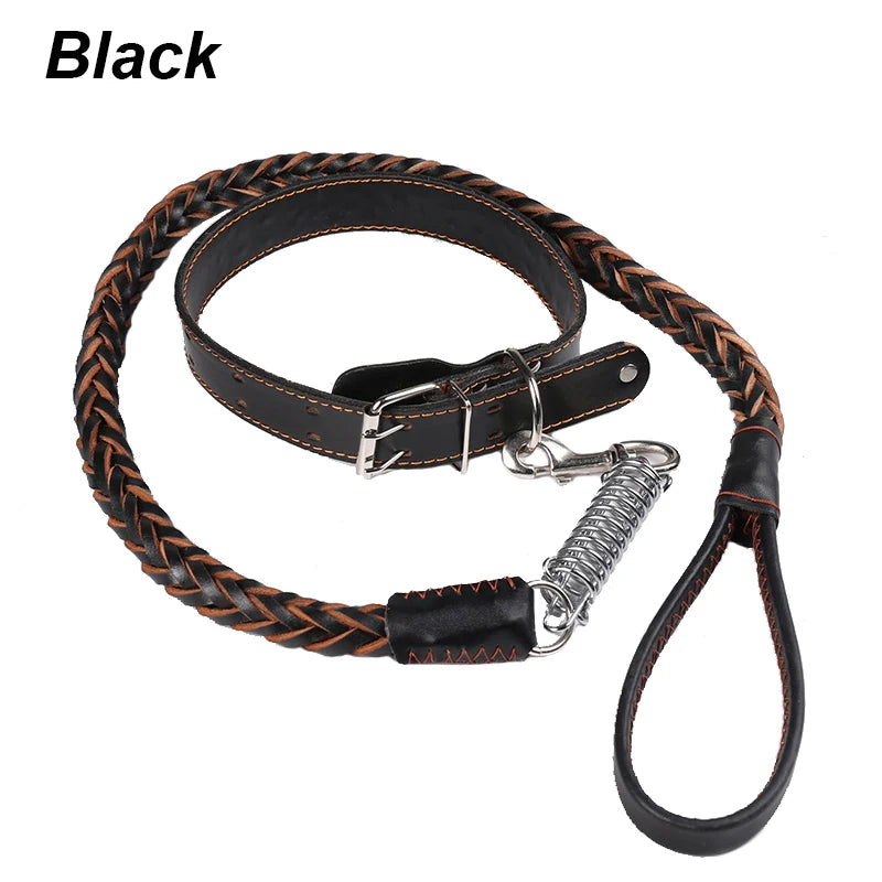 Cowhide collar+leash strong Real big dog collar High Leather Braided Dog with Buffer Spring Pet Traction Rope for Shepherd Dog
