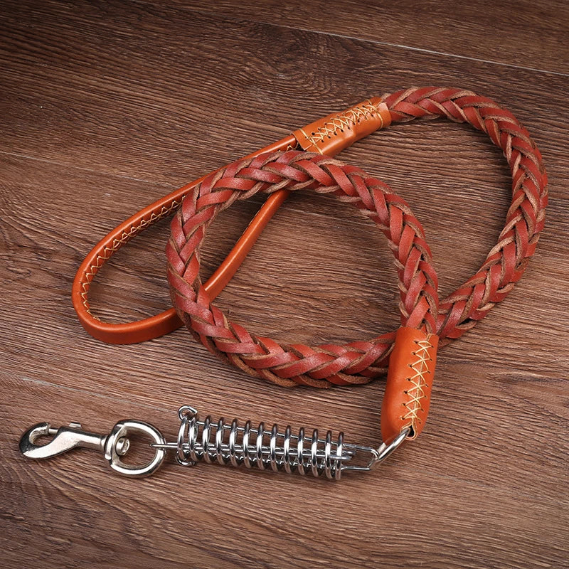 Cowhide collar+leash strong Real big dog collar High Leather Braided Dog with Buffer Spring Pet Traction Rope for Shepherd Dog
