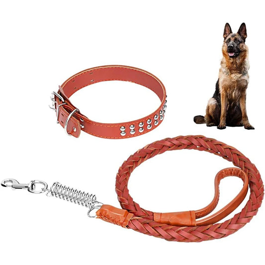 Cowhide collar+leash strong Real big dog collar High Leather Braided Dog with Buffer Spring Pet Traction Rope for Shepherd Dog