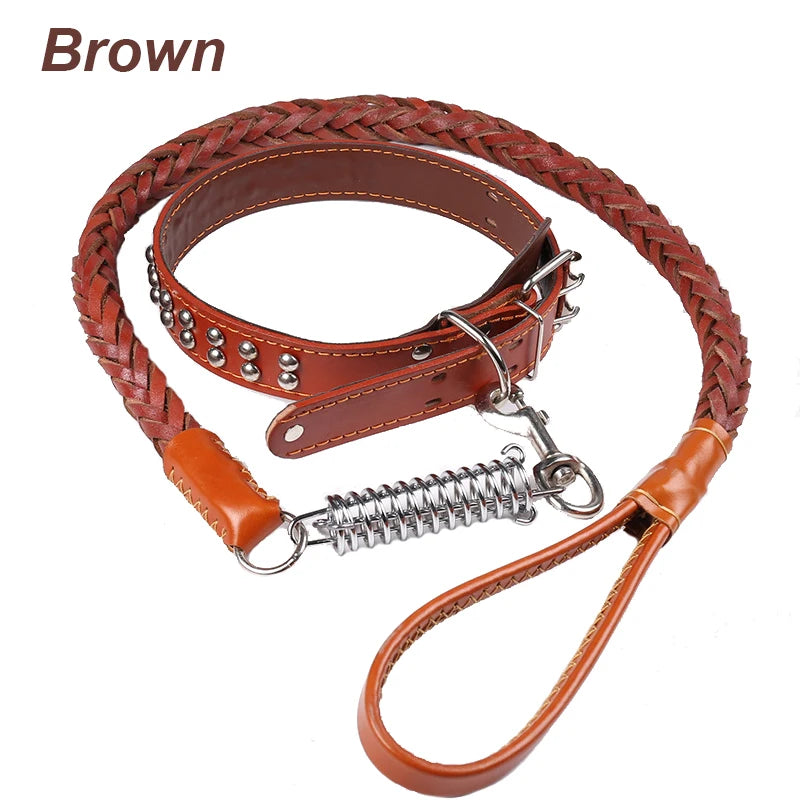 Cowhide collar+leash strong Real big dog collar High Leather Braided Dog with Buffer Spring Pet Traction Rope for Shepherd Dog
