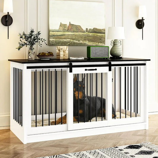 Extra Large Dog Crate Furniture, 55" Indoor Heavy Duty Dog Kennel House with Sliding Doors, Furniture Style Dog Crate Table Side