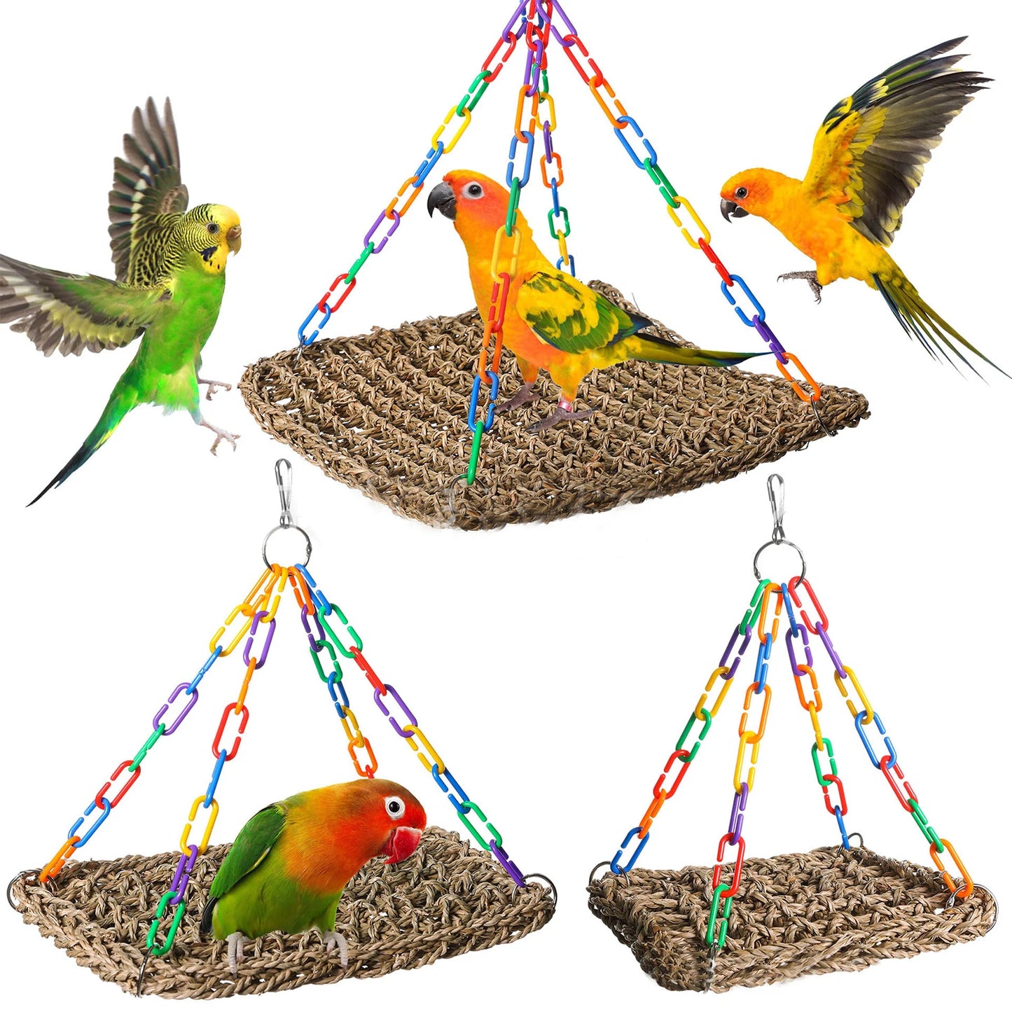 Woven Bird Hammock Woven Grass Bird Hammock Toy Adjustable Chain Ring Comfortable Rocking Toy Bird Accessories For Parrot & Bird