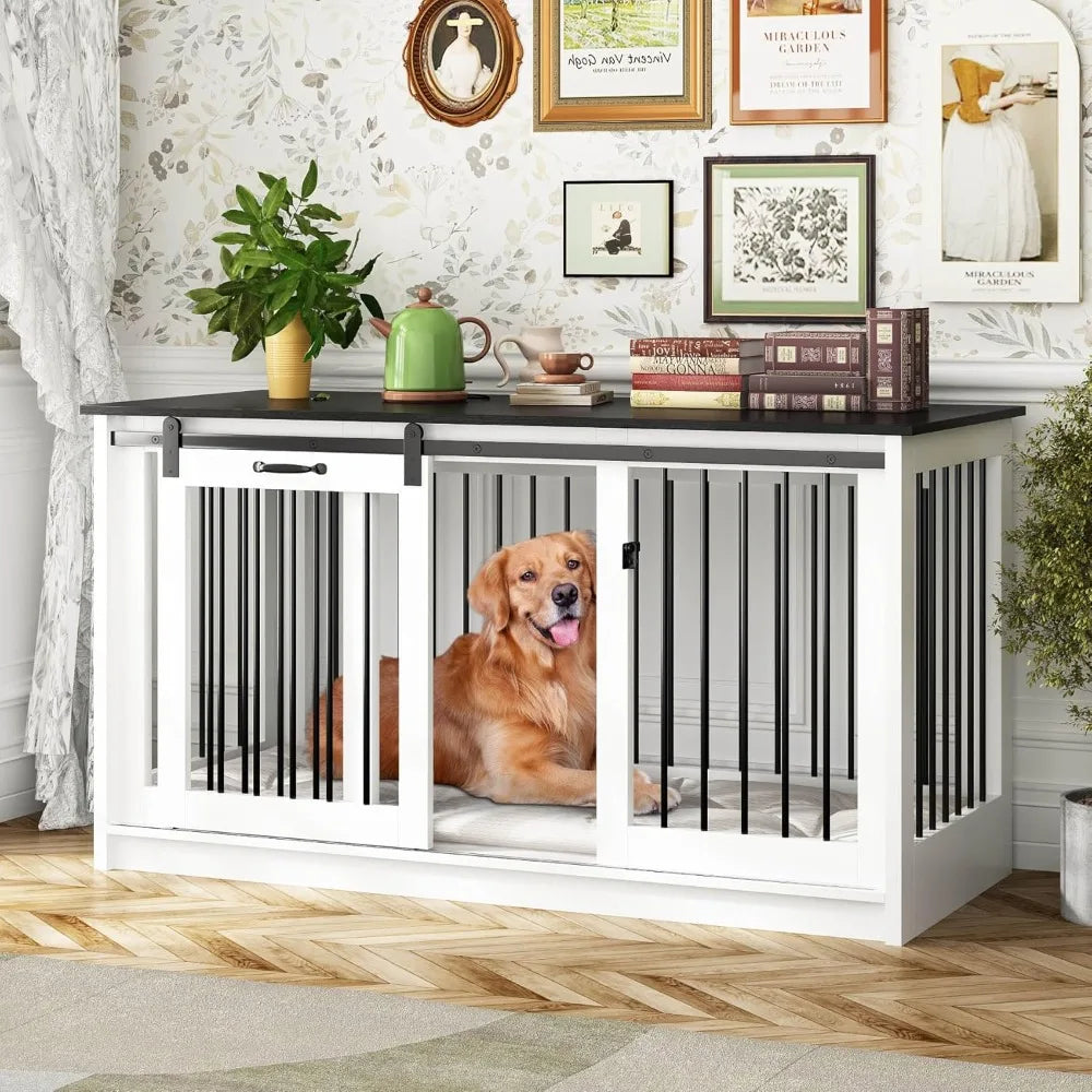 Extra Large Dog Crate Furniture, 55" Indoor Heavy Duty Dog Kennel House with Sliding Doors, Furniture Style Dog Crate Table Side