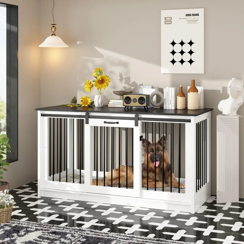 Extra Large Dog Crate Furniture, 55" Indoor Heavy Duty Dog Kennel House with Sliding Doors, Furniture Style Dog Crate Table Side