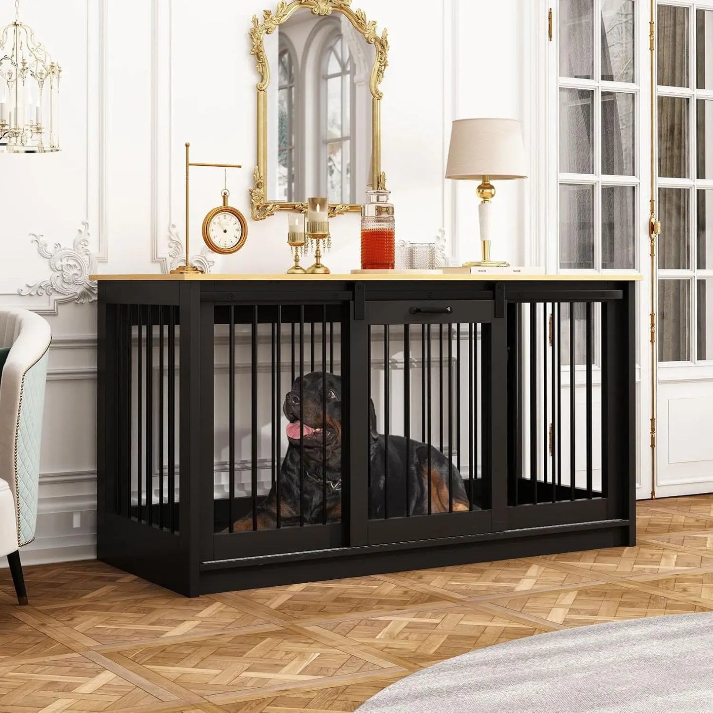 Extra Large Dog Crate Furniture, 55" Indoor Heavy Duty Dog Kennel House with Sliding Doors, Furniture Style Dog Crate Table Side